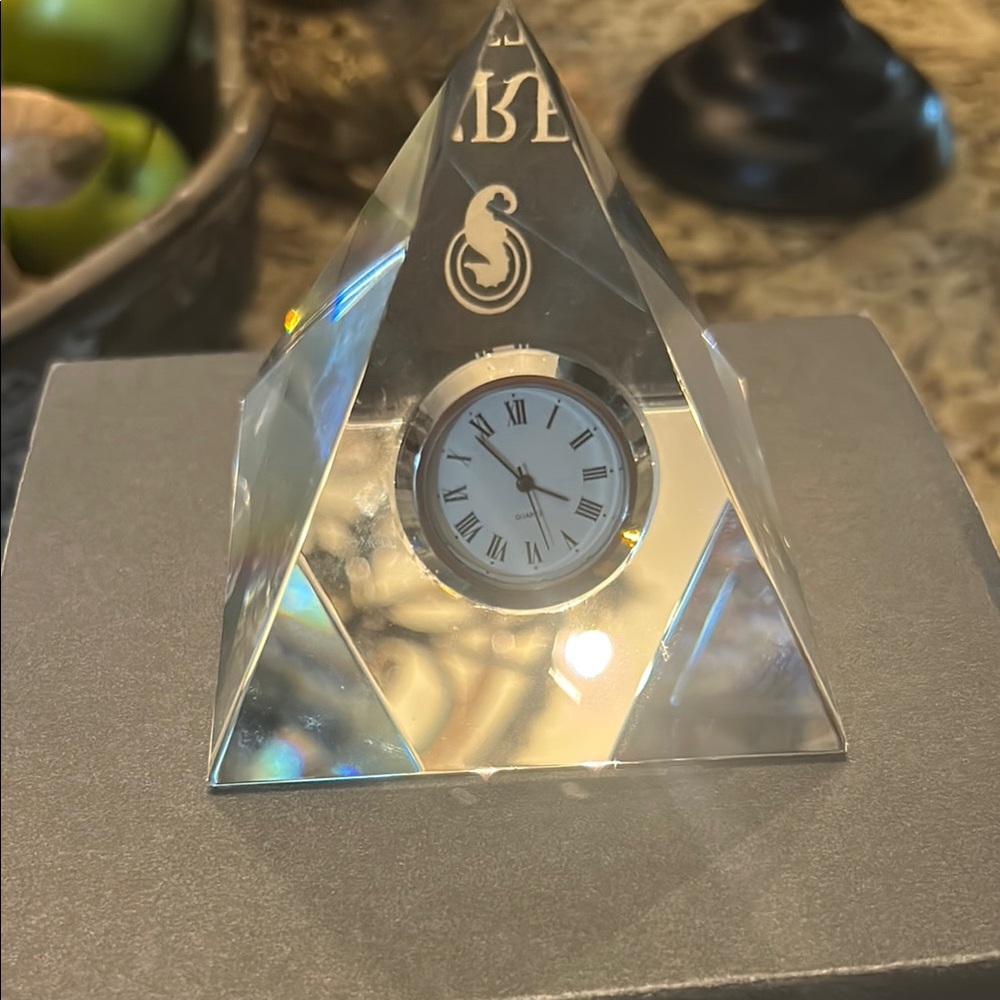 IOB Waterford Crystal Pyramid Clock with Silver Accents, battery operated.